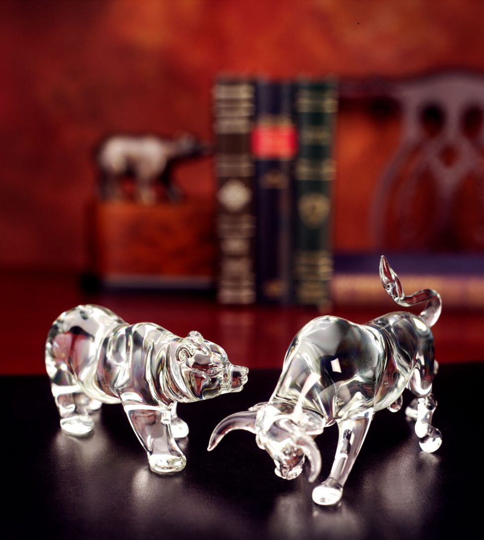 Calgary Product Photographer. Glass sculpted bear and bull.